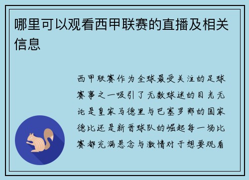 哪里可以观看西甲联赛的直播及相关信息